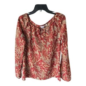 Zara Paisley Print Blouse Women Sz M Front Tie Cut Out Long Sleeve Lightweigh